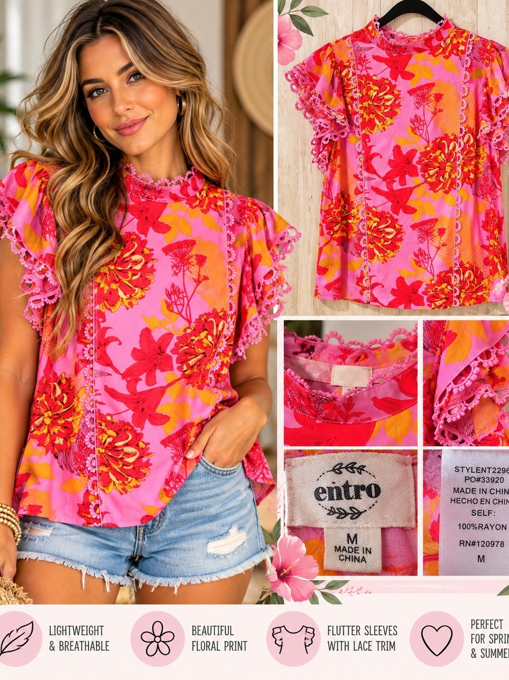 entro Pink Floral Lace-Trim Flutter Sleeve Blouse